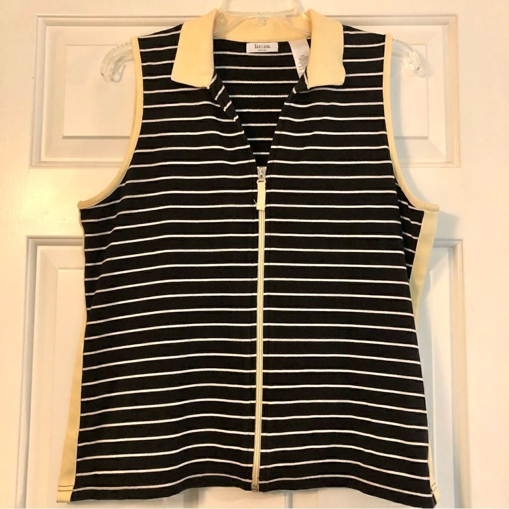 Liz & Co Black, White Stripped Sleeveless V-neck w/ Yellow Collar and a Zipper
